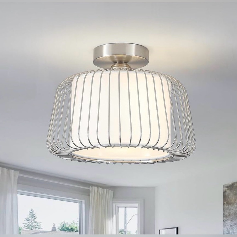 Semi Flush Mount Ceiling Light, Drum Ceiling Light with Fabric and Metal Shade